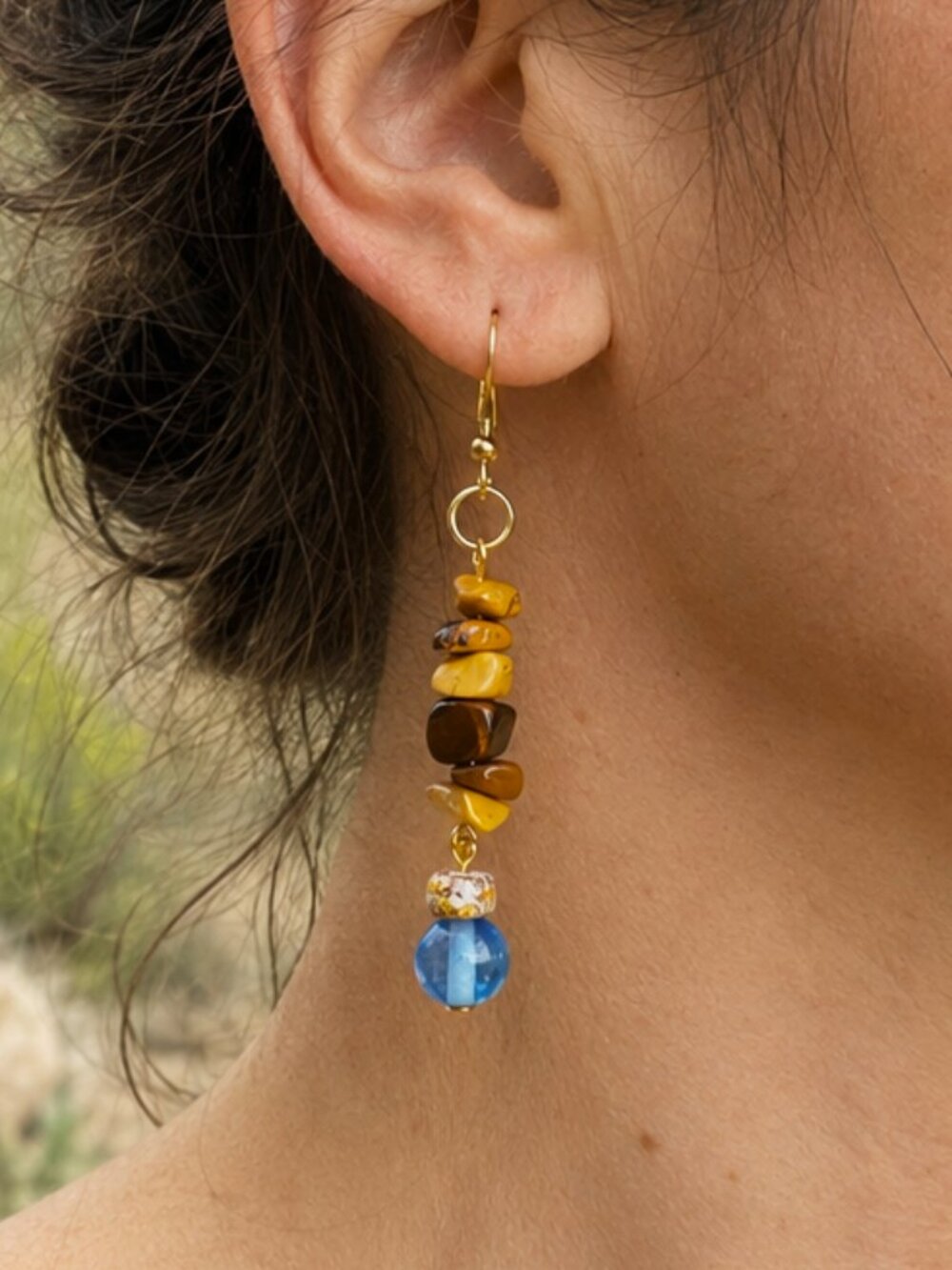 Yellow Jasper & Tiger’s Eye Earrings, Boho Gold Dangle Earrings, Earthy Gemstone